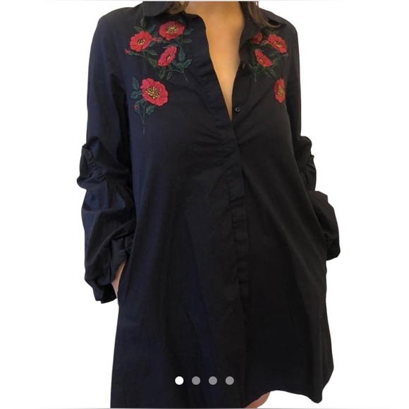 Zara floral embroidery dark blue tunic mini dress, S, statement ballon sleeves - Picture 1 of 9